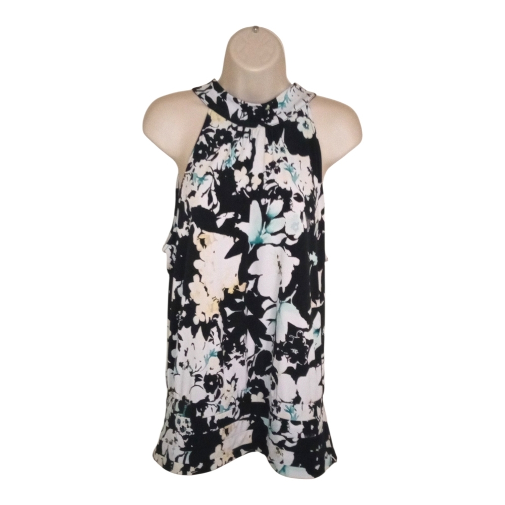 WHBM Floral Mock Neck Sleeveless Blouse Top Size XL Black White